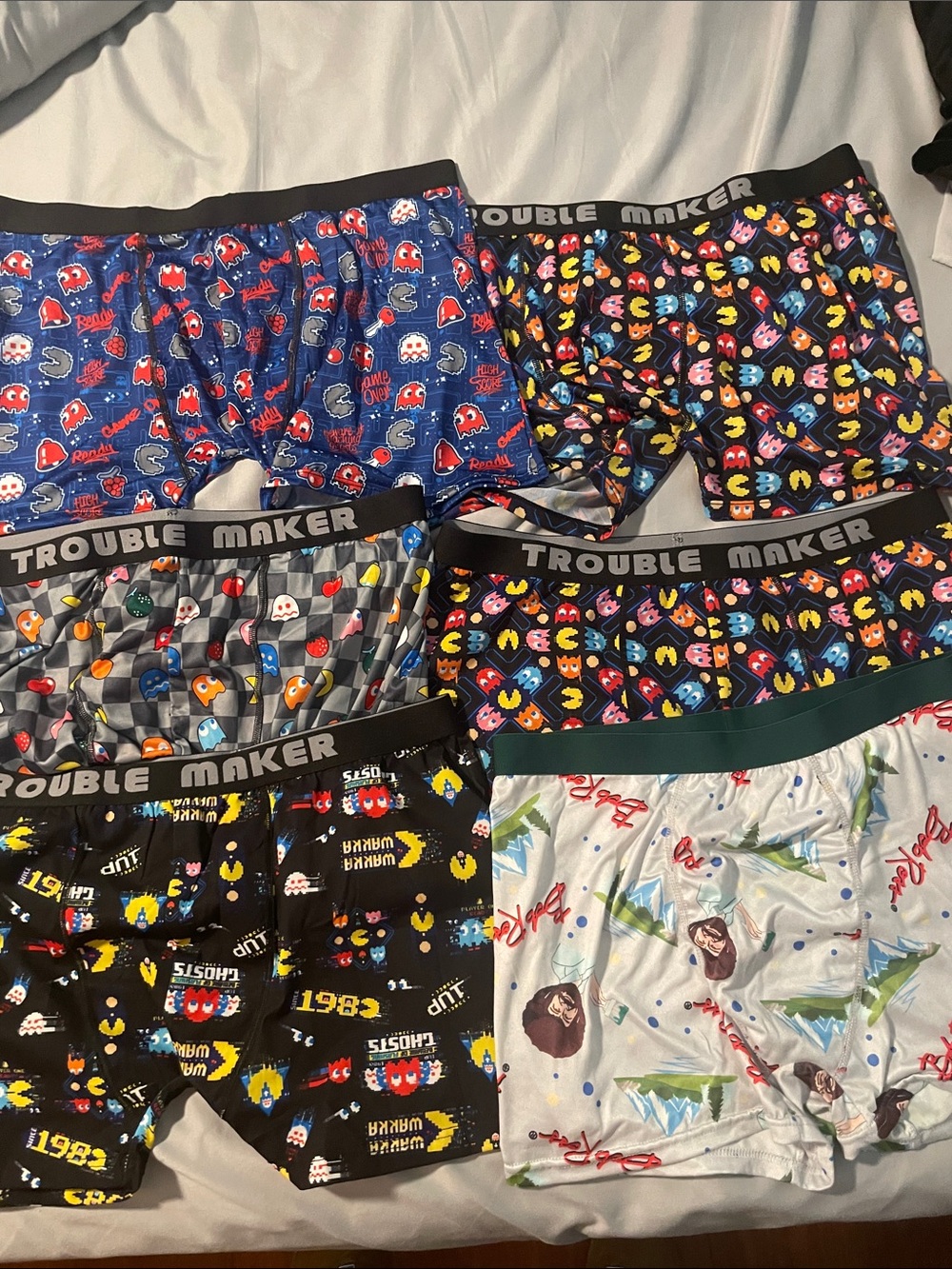 Pac-Man Print Men's Boxer Briefs - Multi Blue/Black Set of 6